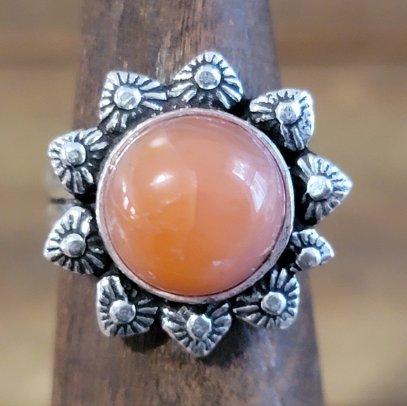 Vintage Jewelry - Native Carnelian Agate Gemstone Ring Size 5 925 Silver Jewelry Western Bohemian